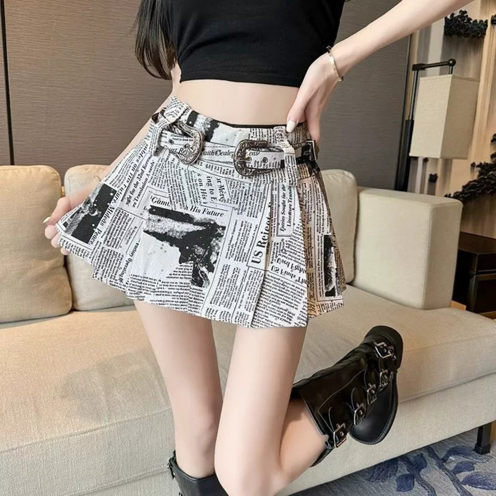 Zara Newspaper Print Letter High Waist Mini Pleated Skirt Y2K Anti Exposure